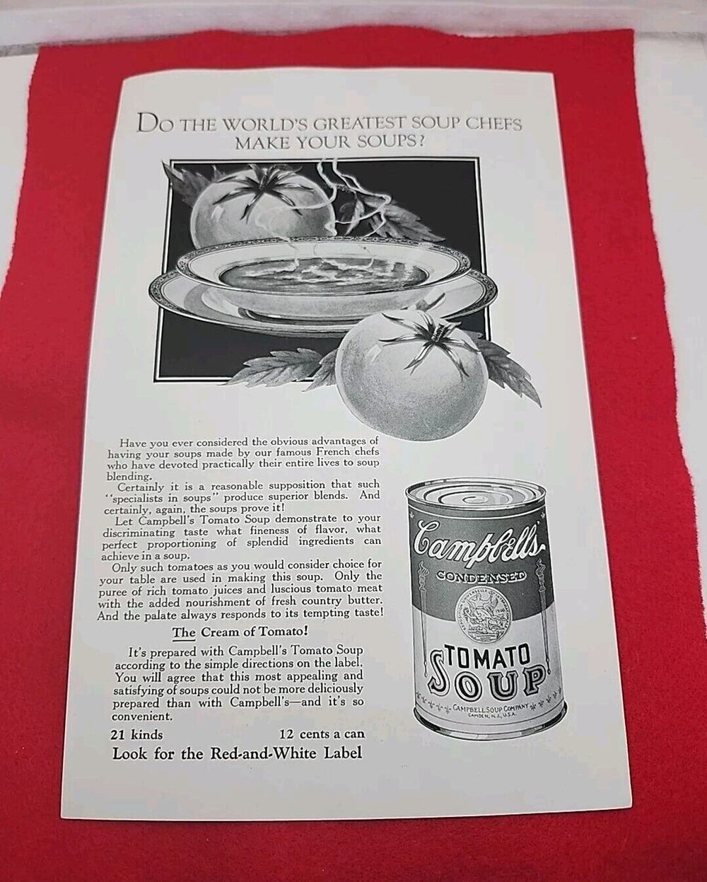 VTG 1925 Campbell's Tomato Soup Kitchen Food Ephemera 1920's Print Ad Near Mint